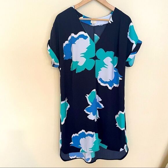 A new day floral shift dress navy teal white size Large decorative button back - Picture 1 of 9